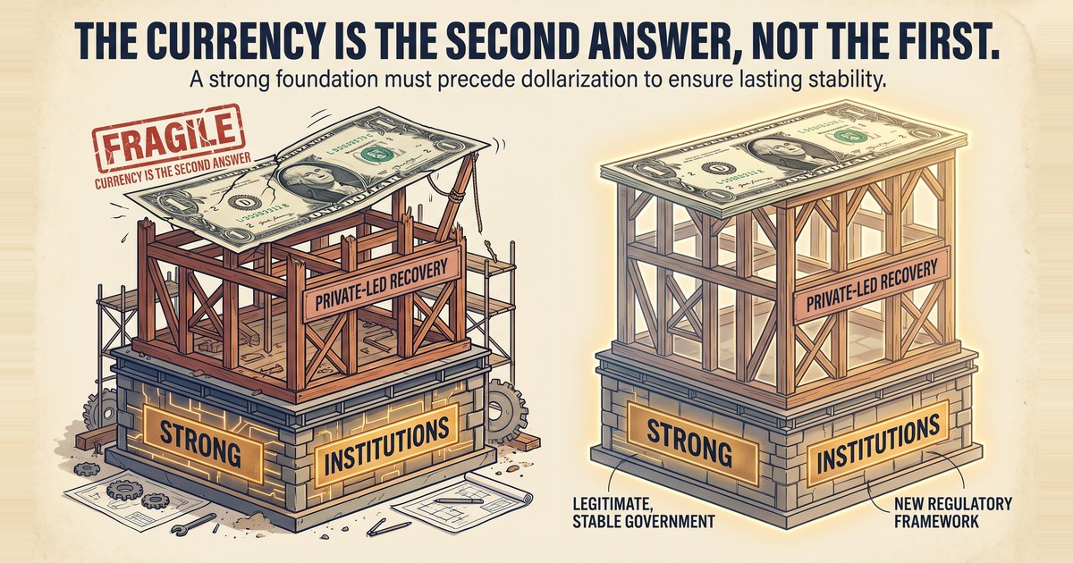 Two illustrated buildings side by side, each on a stone base labelled STRONG INSTITUTIONS. The left one is a flimsy scaffolded frame stamped FRAGILE with a dollar bill laid over it as a roof; the right one is solid and finished under the same dollar roof. The headline reads: the currency is the second answer, not the first.
